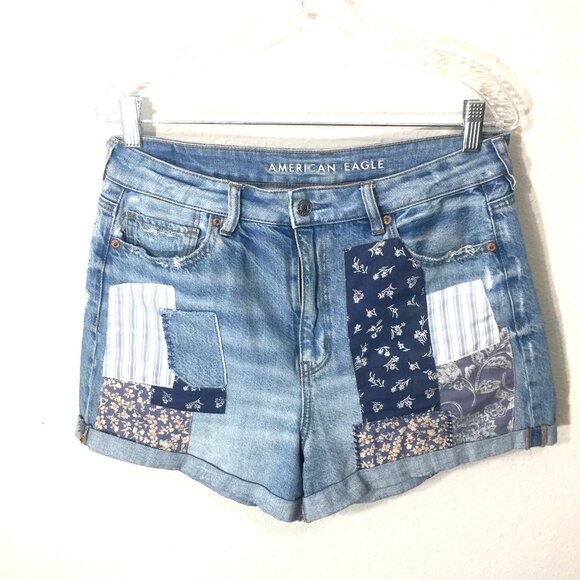 American Eagle AE Denim Mom Patchwork Shorts Size 10 - Picture 2 of 6